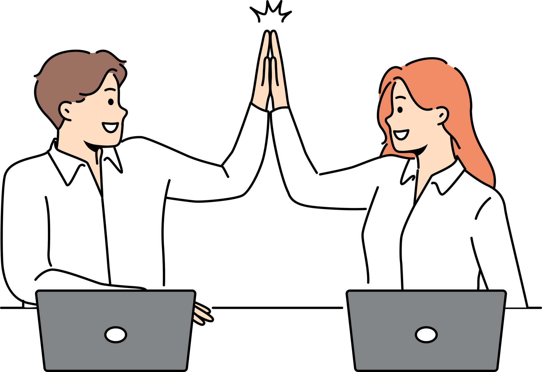 Smiling colleagues give high five working together