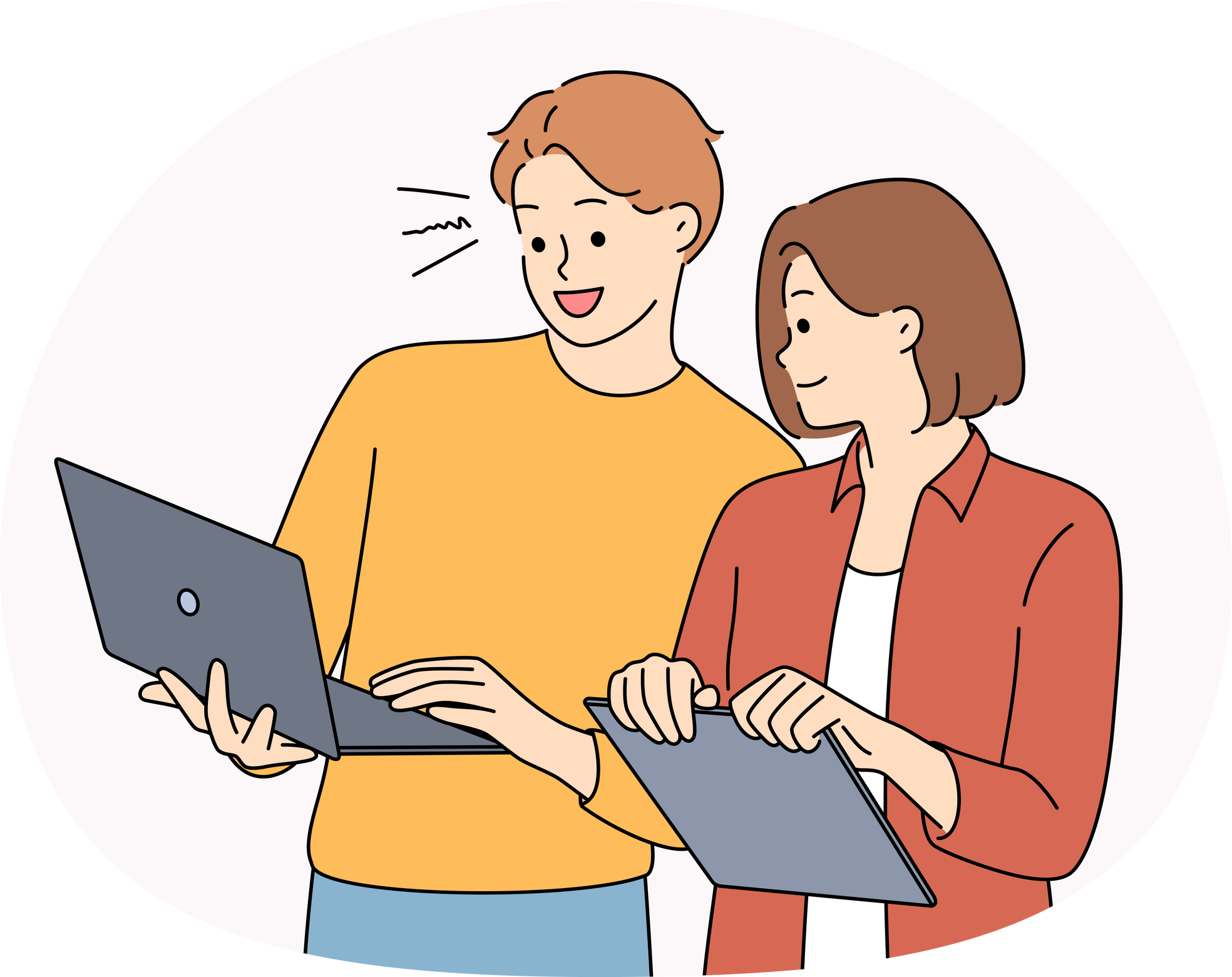 Smiling colleagues cooperate on laptop